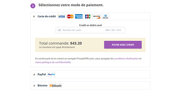 Moyens de paiement PrivateVPN